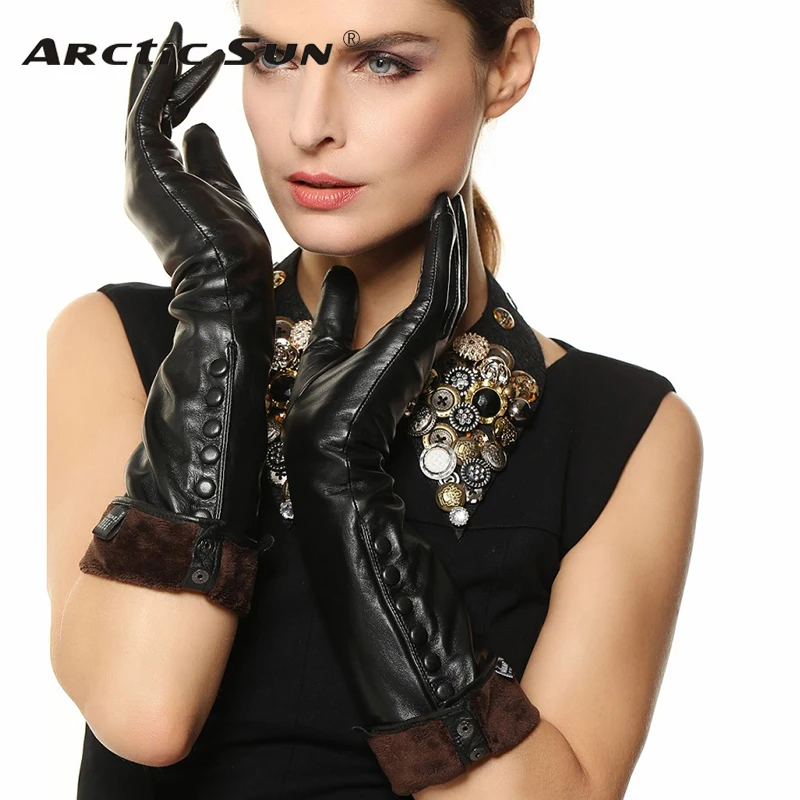 Women's Genuine Leather Gloves Female 100% Lambskin Leather Gloves Finger Touch Button Decoration Long Style L147NC1