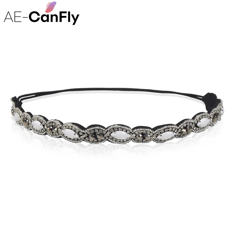AE-CANFLY, винтажная Черная Королева, блестящие Кристальные бусины, эластичная повязка на голову, женские аксессуары для волос 1H5004 - Окраска металла: 1H1001