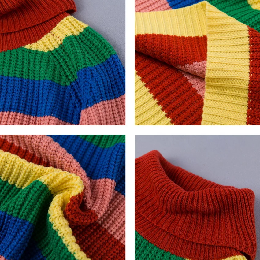 Women Colorful Rainbow Stripe Turtleneck Sweater INS Fashion Girls Pullovers Spring Knitwear Loose Jumpers | Женская одежда