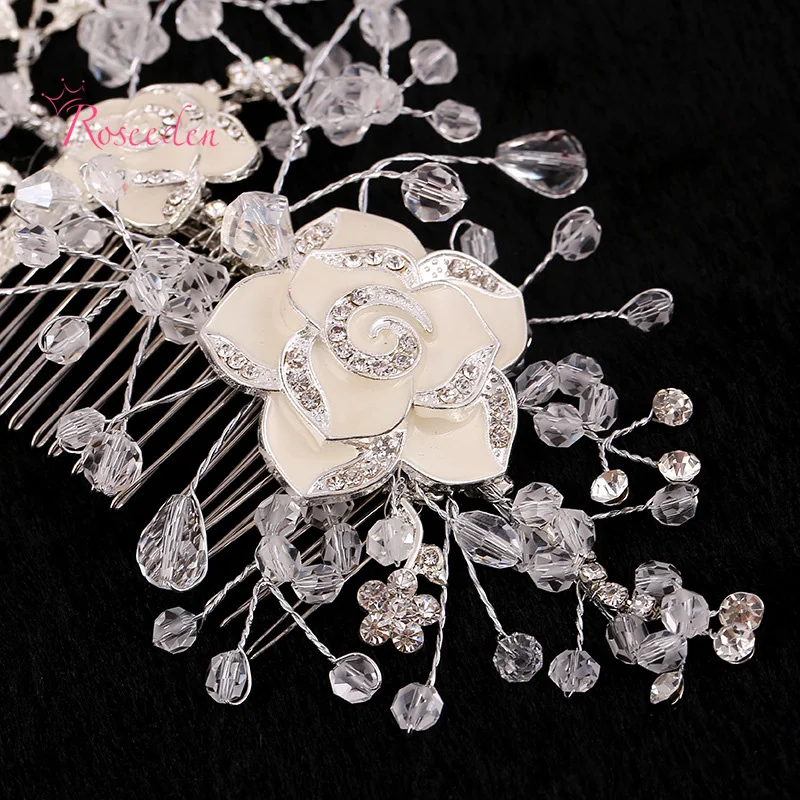 Bridal Handmade Elegant Rhinestone Pure White Rose Flowers Hairpiece Wedding Hair Pins Paillettev Design Comb RE275 | Украшения и
