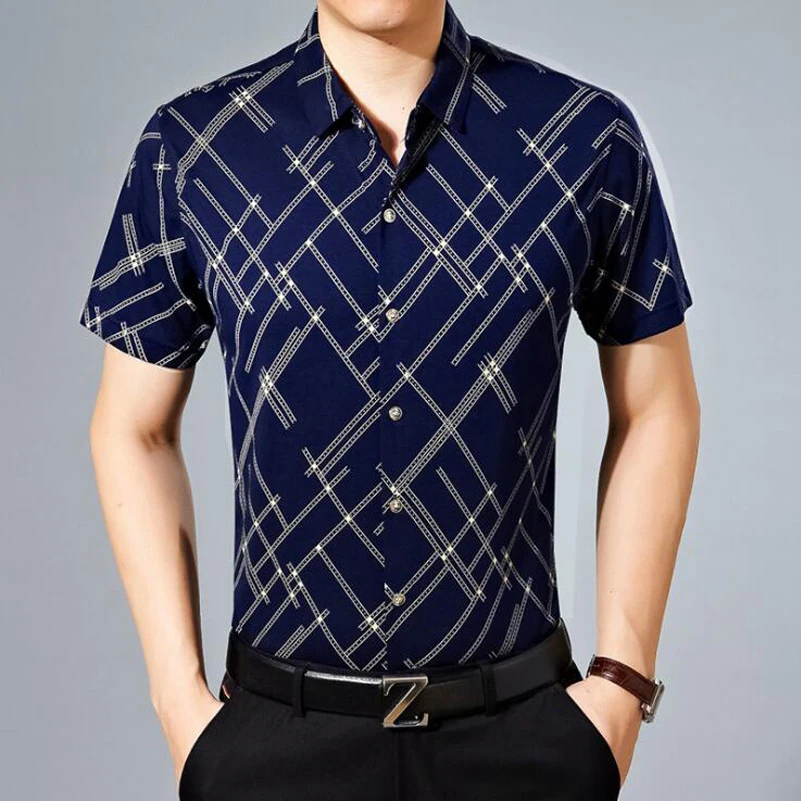 Mercerized Cotton Shirt Fashion Brand Men Striped Slim Fit Short Sleeve Stand Collar Casual Social Shirts Dress 3XL X074 | Мужская