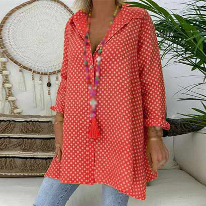 Summer Holiday Blouse Women's Clothes Casual Loose Polka Dots Print Long Sleeve Sunscreen Weekend Shirt Tops |