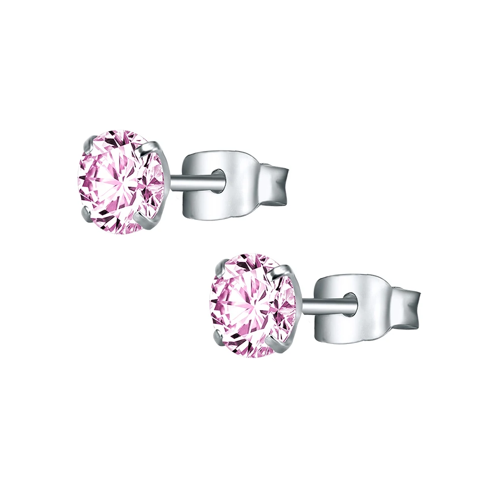 Silver-Pink Round Кристальные детские серьги-гвоздики, хирургическая сталь, женские серьги-гвоздики, модные детские серьги, циркониевые CZ ювелирные изделия для тела, подарки - Окраска металла: Silver-Pink Round