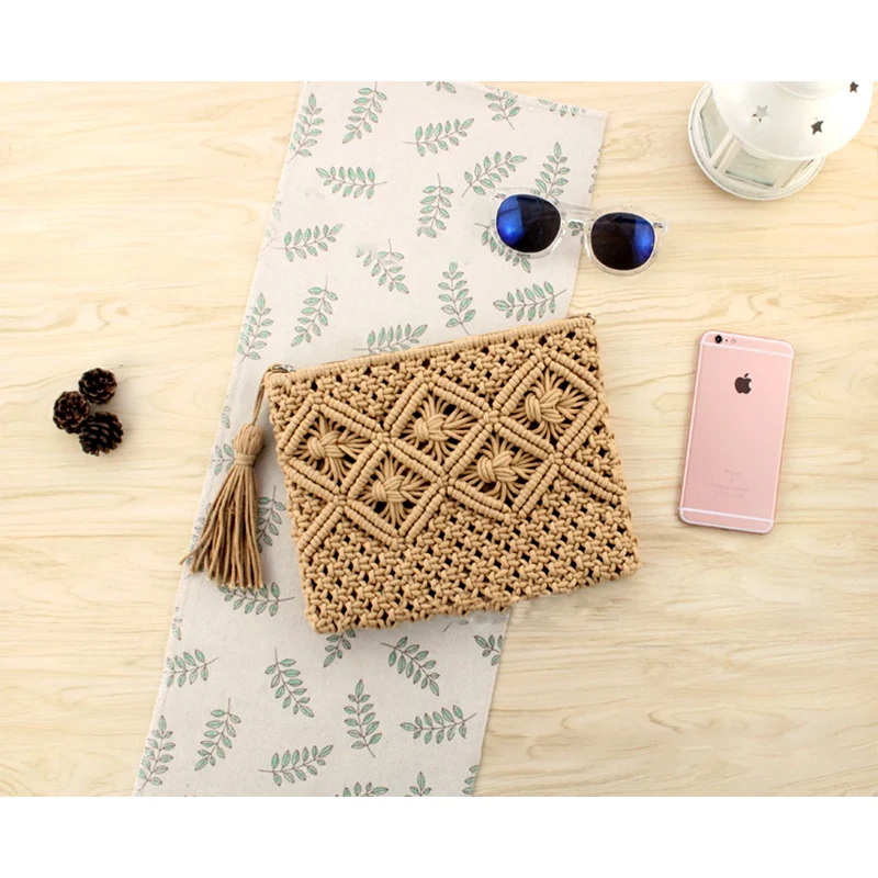 Light Coffee AEQUEEN кошелек из ротанга модный пляжный богемный клатч сумка Bolsa Feminina женская вязаная соломенная сумка с бахромой кошелек для монет держатель для карт - Цвет: Light Coffee