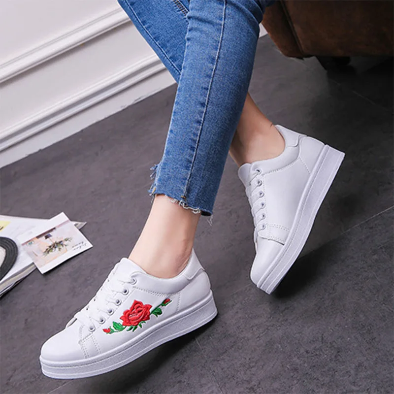 Women Sneakers Pu Leather Embroidery Flat Platform Lace Up Shoes Woman Casual White espadrilles 6739 | Обувь