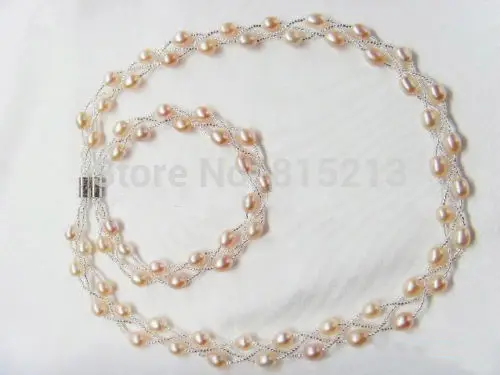 ddh001028 5-6mm Pink Freshwater Pearl Beads Magnetic Clasp Jewelry Necklace Bracelet Set | Sets