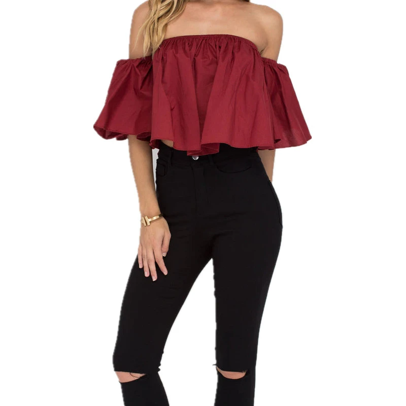 Сексуальный Топ Лифчики танки Slash шеи оборками мода знаменитости Короткие топы