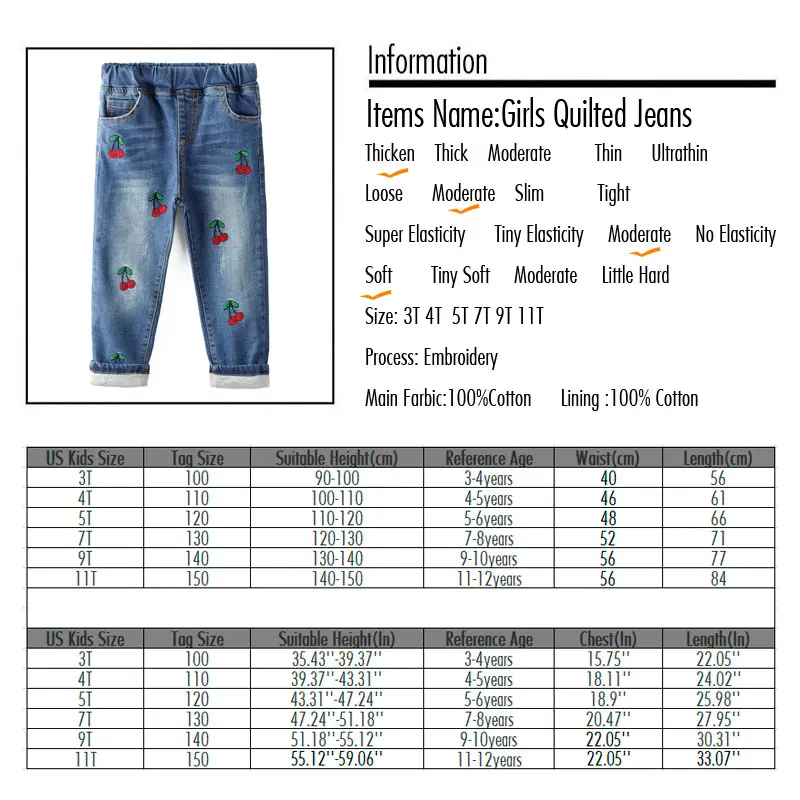 

2018 Baby Kids Cotton Lined Warm Winter Jeans For Girls Cherry Embroidered Denim Long Pants Toddler Children Trousers Leggings