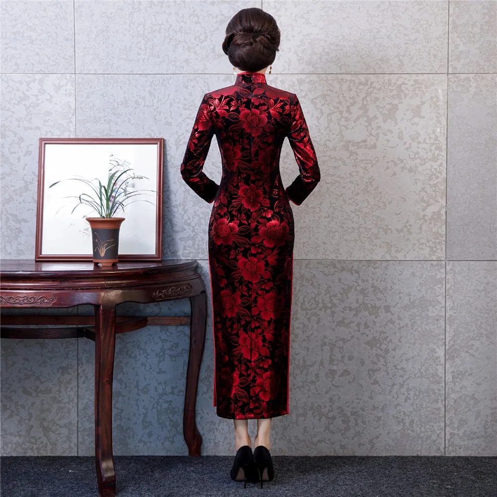 Шанхай история Замочная скважина с длинным рукавом Винтаж Цветочный Qipao длинный