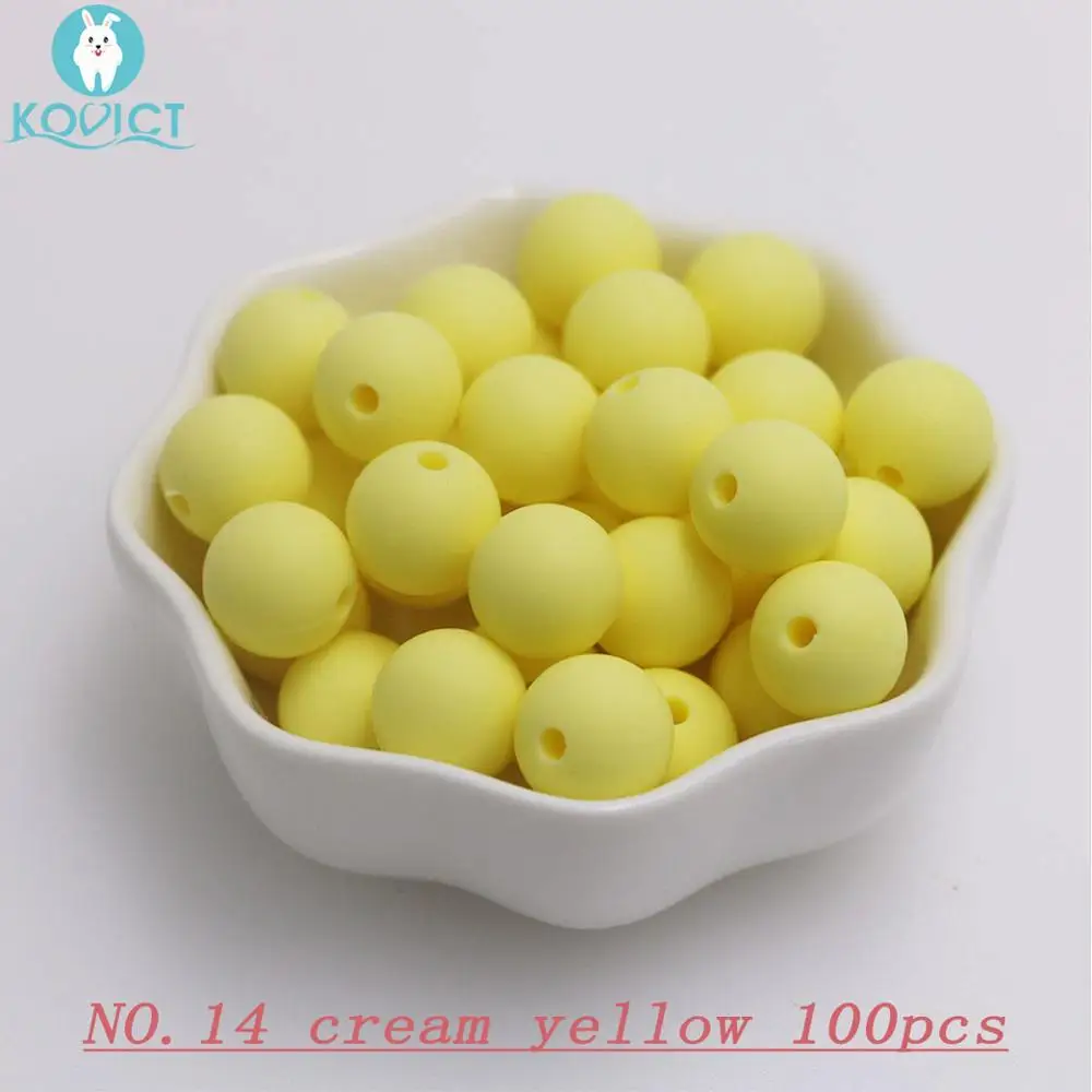 NO.14 cream yellow Kovict 100/200/500/1000 шт. Силиконовые Круглые бусины 12 мм, Фурнитура для бижутерии, соски с цепочкой, подарок для новорожденных Круглый Силиконовый Прорезыватель для зубов из бусин для Цепочки и ожерелья - Цвет: NO.14 cream yellow
