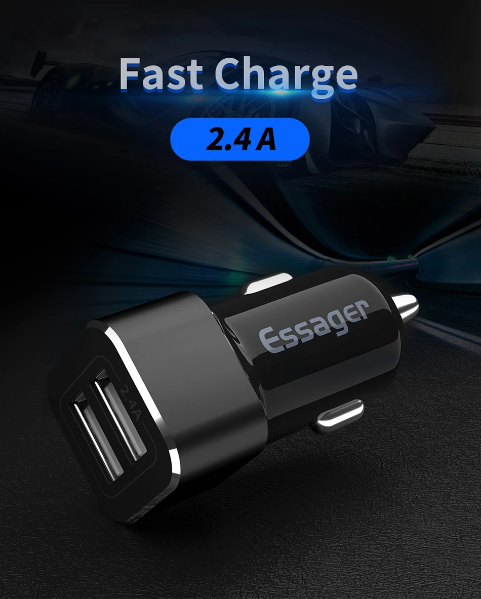 Автомобильное зарядное устройство Essager USB для iPhone Xiaomi Redmi Note 8 Pro, двойной USB адаптер для зарядки мобильного телефона, автомобильное зарядное устройство 2.4A