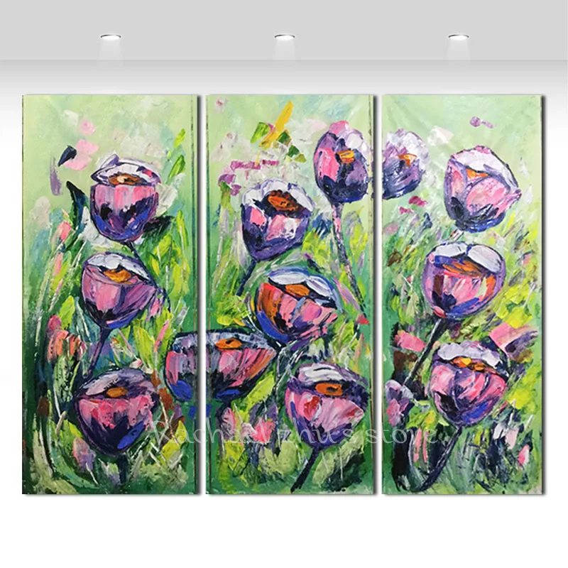Ручная роспись большой цветок фиолетовые розовые розы Масляные картины триптих