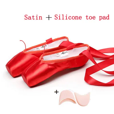 Satin Red Silcone Pointe/атласный верх с лентой; женские розовые профессиональные балетки; обувь для танцев с носком - Цвет: Satin Red Silcone