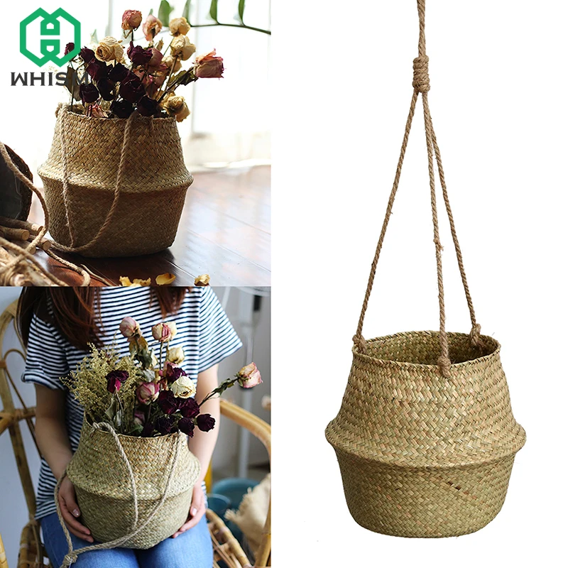WHISM садовая подвесная Цветочная корзина из ротанга, корзина для хранения дома, Складная ручная работа, пасторальные цветочные горшки, Прачечная, детские игрушки, Органайзер