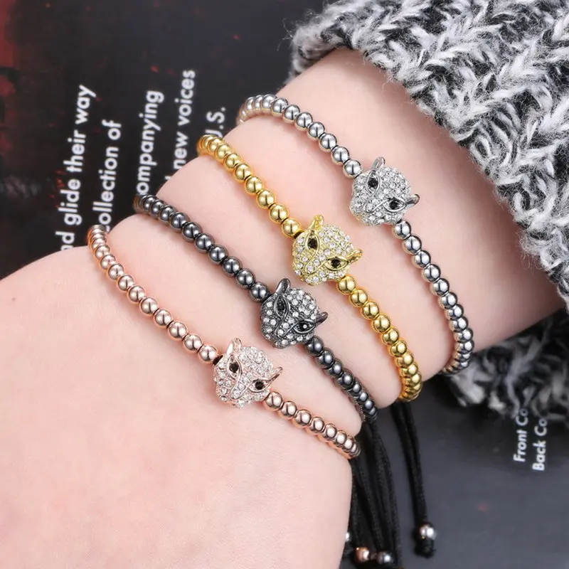 Модные мужские браслеты и микро паве CZ голова леопарда Плетеный макраме Шарм