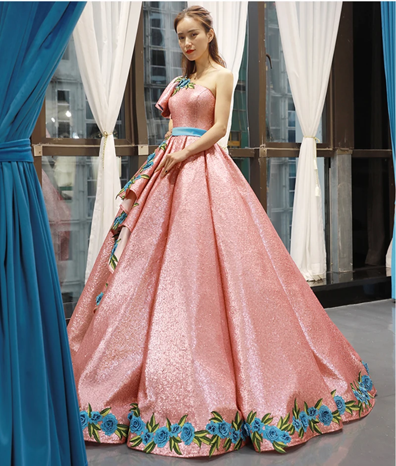 J66738 jancдекабря розовые платья Quinceanera 2020 на одно плечо с коротким рукавом