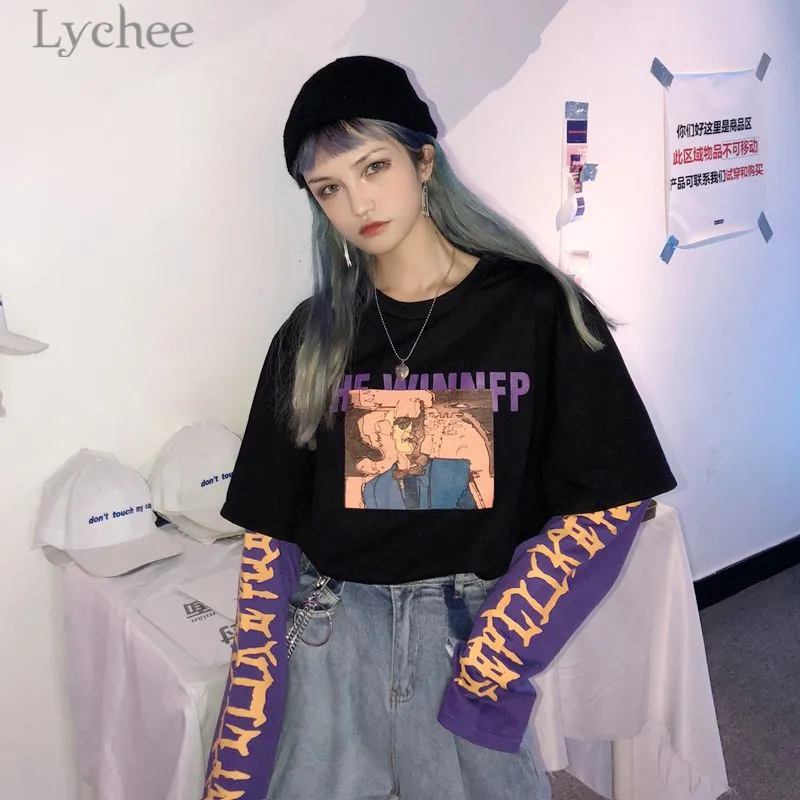 Lychee винтажный женский свитер с буквенным принтом, 2 штуки, хит цвета, круглый вырез, длинный рукав, Осенний Повседневный свободный Женский пуловер