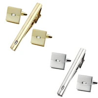 square gold color with crystal man shirt cuff links and tie bar clips set for wedding and business jewelry