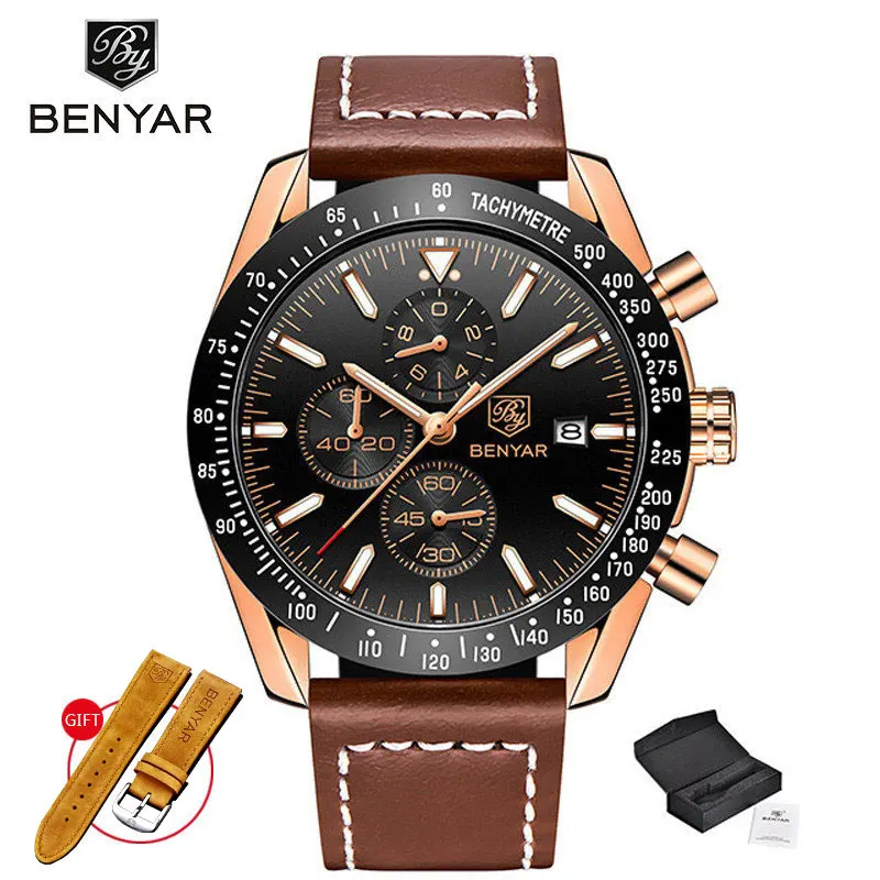 Gold L Brown Мужские наручные часы s BENYAR, кварцевые часы с хронографом, Relogio Masculino, новинка, Топ бренд, Роскошные военные часы с силиконовым ремешком - Цвет: Gold L Brown
