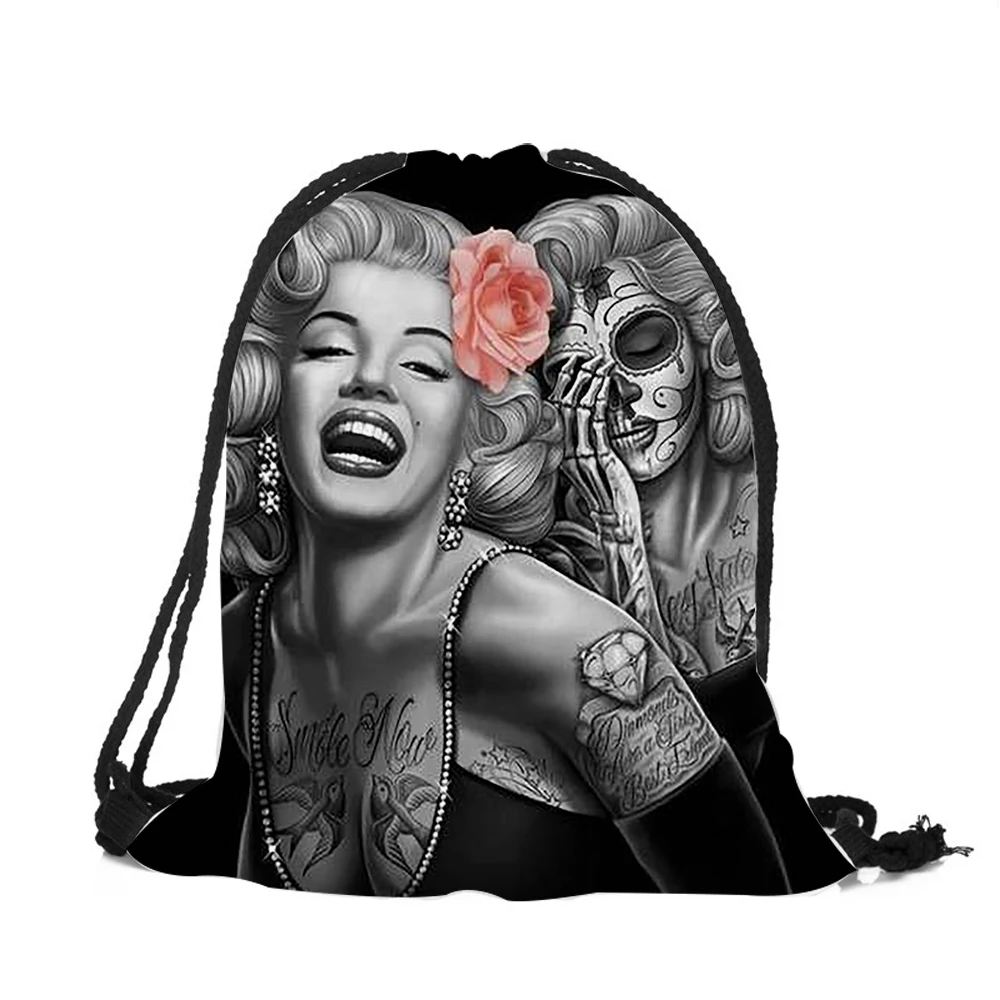 Женская Новая мода Monroe татуированные черепа изображения рюкзак для путешествий на шнуровке softback mochila 3D напечатанная струнная сумка