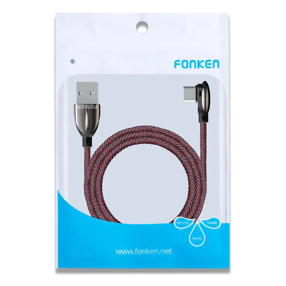 Type C Bend Cable FONKEN 90 градусов usb type C кабель быстрое зарядное устройство 3A type-C изгиб шнур Зарядка для Android мобильный телефон шнур данных нейлоновый игровой провод - Цвет: Type C Bend Cable