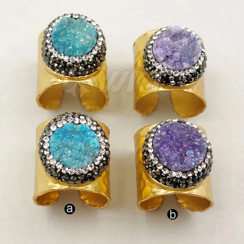 WT-RR010 Wholesale Custom CZ Paved Natural Round Linght Color Druzy Quartz Rings With Gold Adjustable Size For Women | Украшения и