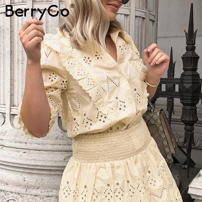 BerryGo элегантная Кружевная блуза с вышивкой для женщин коротким рукавом и