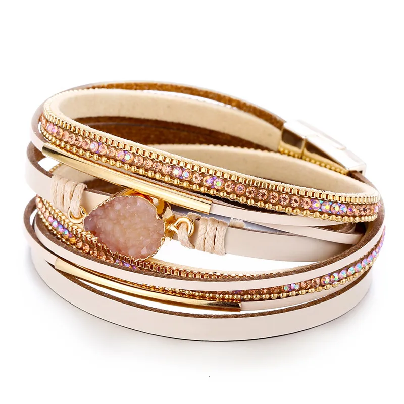 Женский кожаный браслет с камнями многослойный в стиле бохо 2019 | Украшения и