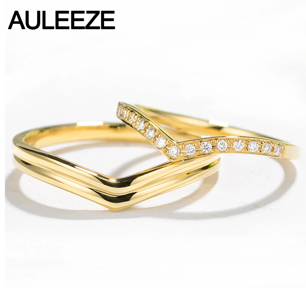 

AULEEZE Unique V Shape Real Diamond Rings For Couple Lovers Ring 18K Solid Yellow Gold Natural Diamond Wedding Band