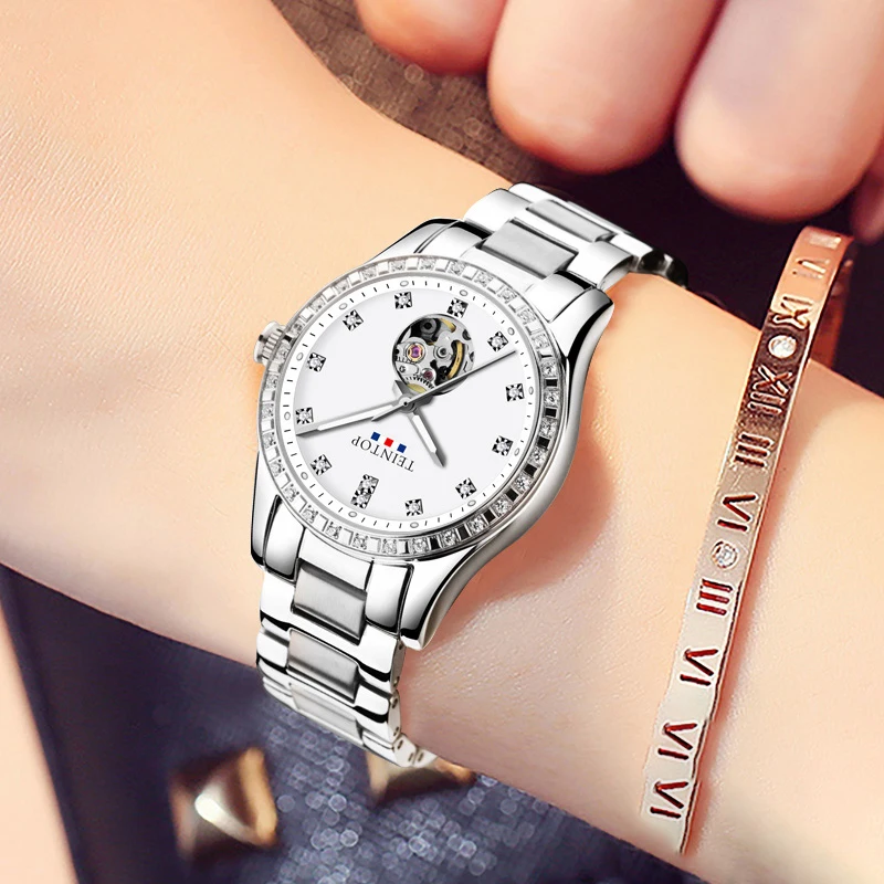 Часы топ женские механические водонепроницаемые из нержавеющей стали с