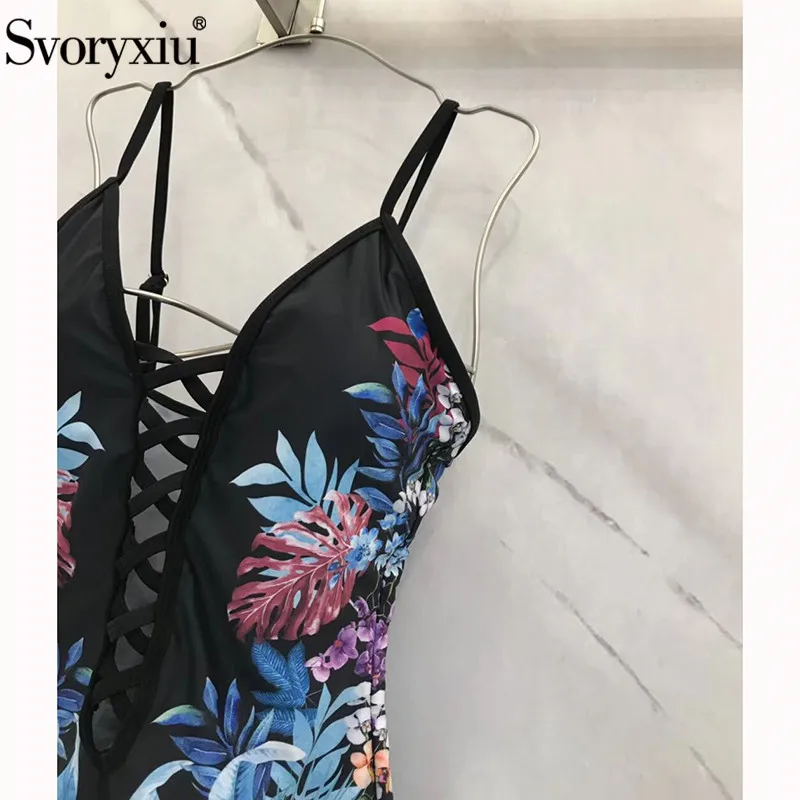 Женское пляжное боди Svoryxiu черный купальный костюм с вырезами и цветочным принтом