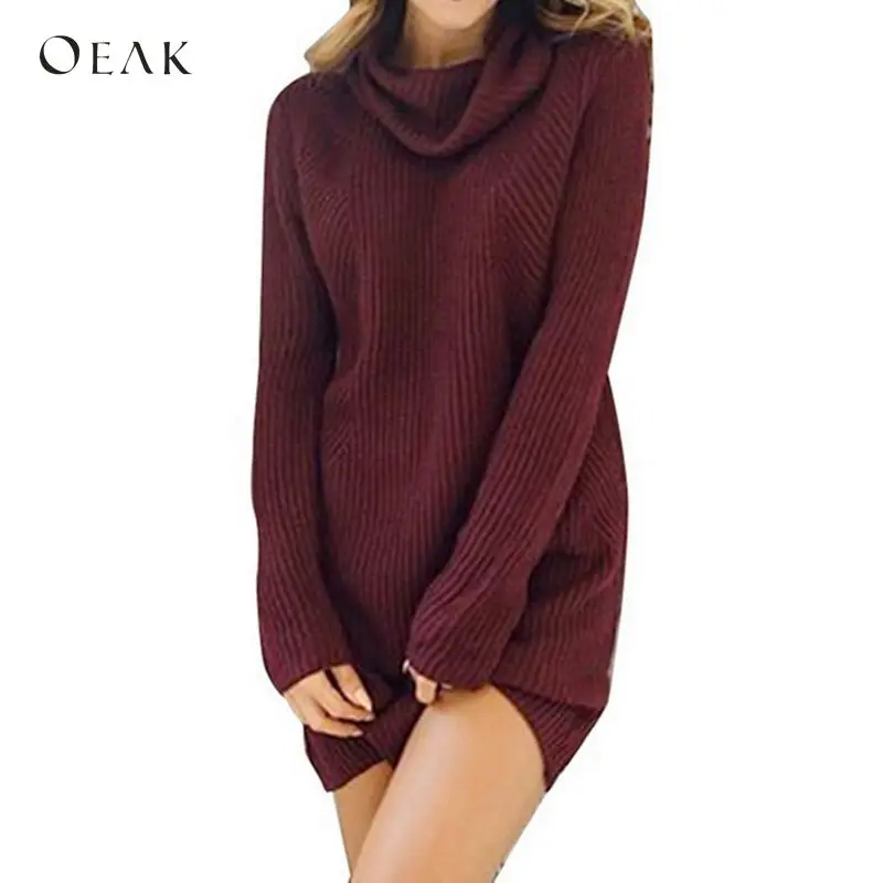 OEAK 3XL осень зима длинный рукав вязаный свитер платье водолазка мини Vestidos женское
