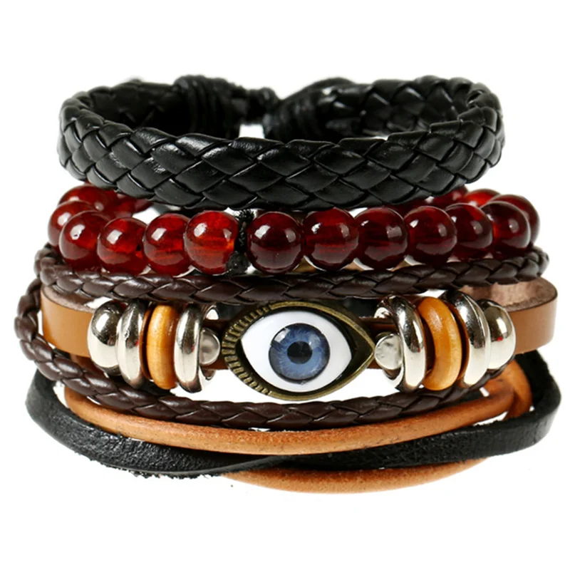 Многослойный браслет в стиле панк 4 шт./компл. с подвеской виде сглаза кожаный