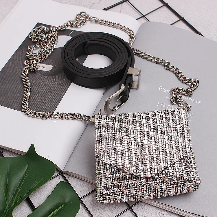 Bling Mini Fanny Pack Fashion Rhinestone Waist Belts With Bag Elegant Ladies Street Long Chain Crossbody Money Fanny Bags