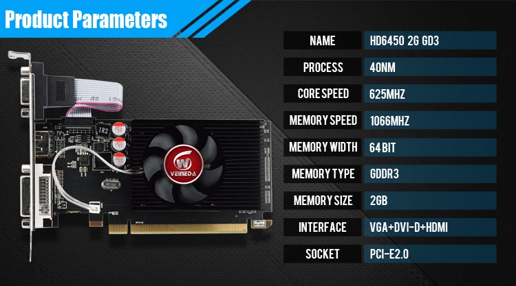 Видеокарты Veineda,, GPU HD6450, 2 Гб, DDR3, 64 бит, HDMI, VGA, видеокарты, PCI Express, для ATI Radeon Gaming