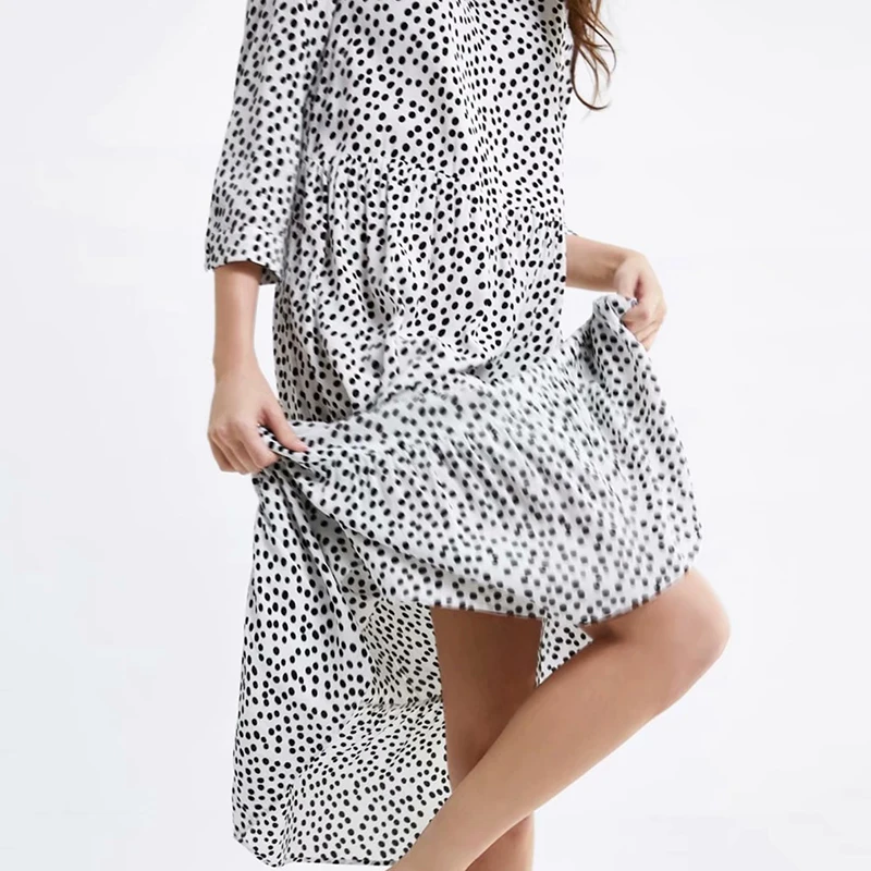 Женское длинное платье Za серое в горошек с высокой талией на весну лето