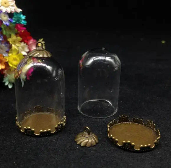 300sets/lot 30*20mm wholesale mix color tube bell jars glass vial pendant with flower tray metal cap diy bottle cover dome | Украшения и