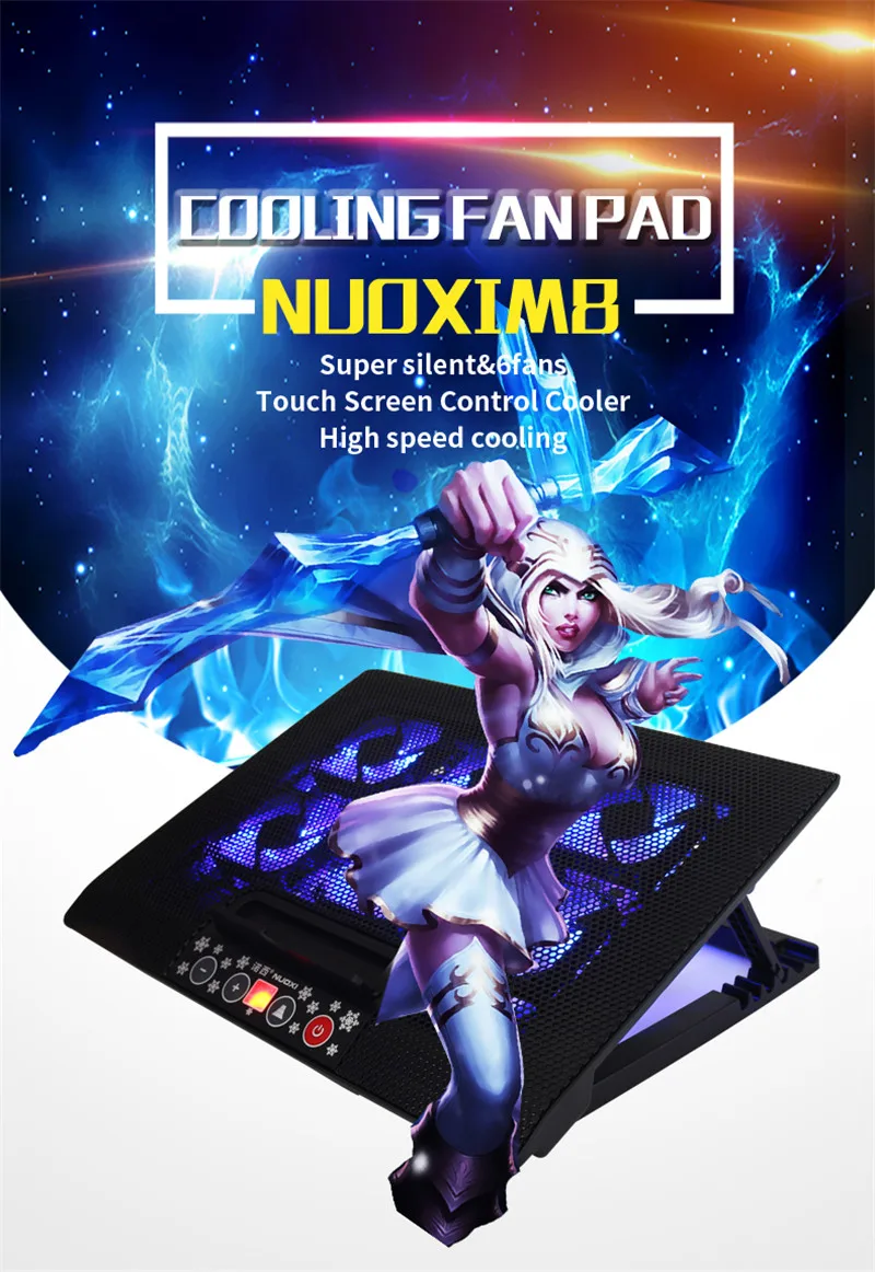 NUOXI охлаждающая подставка для ноутбука, USB охлаждающая подставка для ноутбука, портативный USB вентилятор с воздушным охлаждением, 6 вентиляторов, синий светильник, подставка для ноутбука 12-17 дюймов
