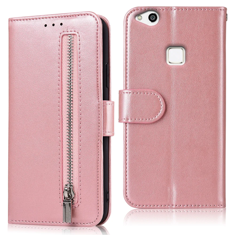 61zipper--Pink Из искусственной кожи бумажник с застежкой-молнией чехол для Huawei P10 Lite с ремешком чехол для телефона для Huawei P10 Lite подставки плотный чехол - Цвет: 61zipper--Pink