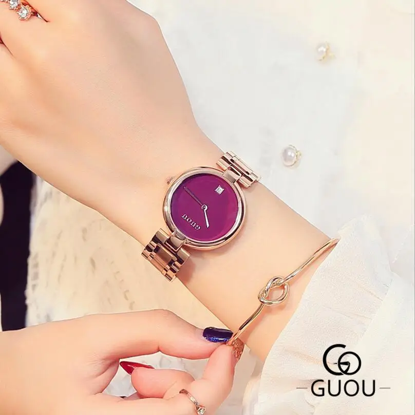 Часы наручные GUOU женские Полностью стальные брендовые роскошные с датой и
