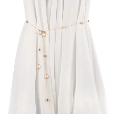 2019 Fashion thin belt Imitation pearl Metal waist chain belts for women match dress ceinture femme stretchy ladies | Аксессуары для