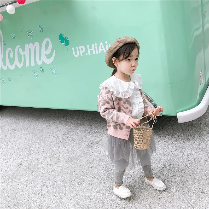 Весна Новые детские Clothig Девушки Leopard вязаный кардиган, Свитера Однобортный малышей Детские свитера куртка От 1 до 6 лет