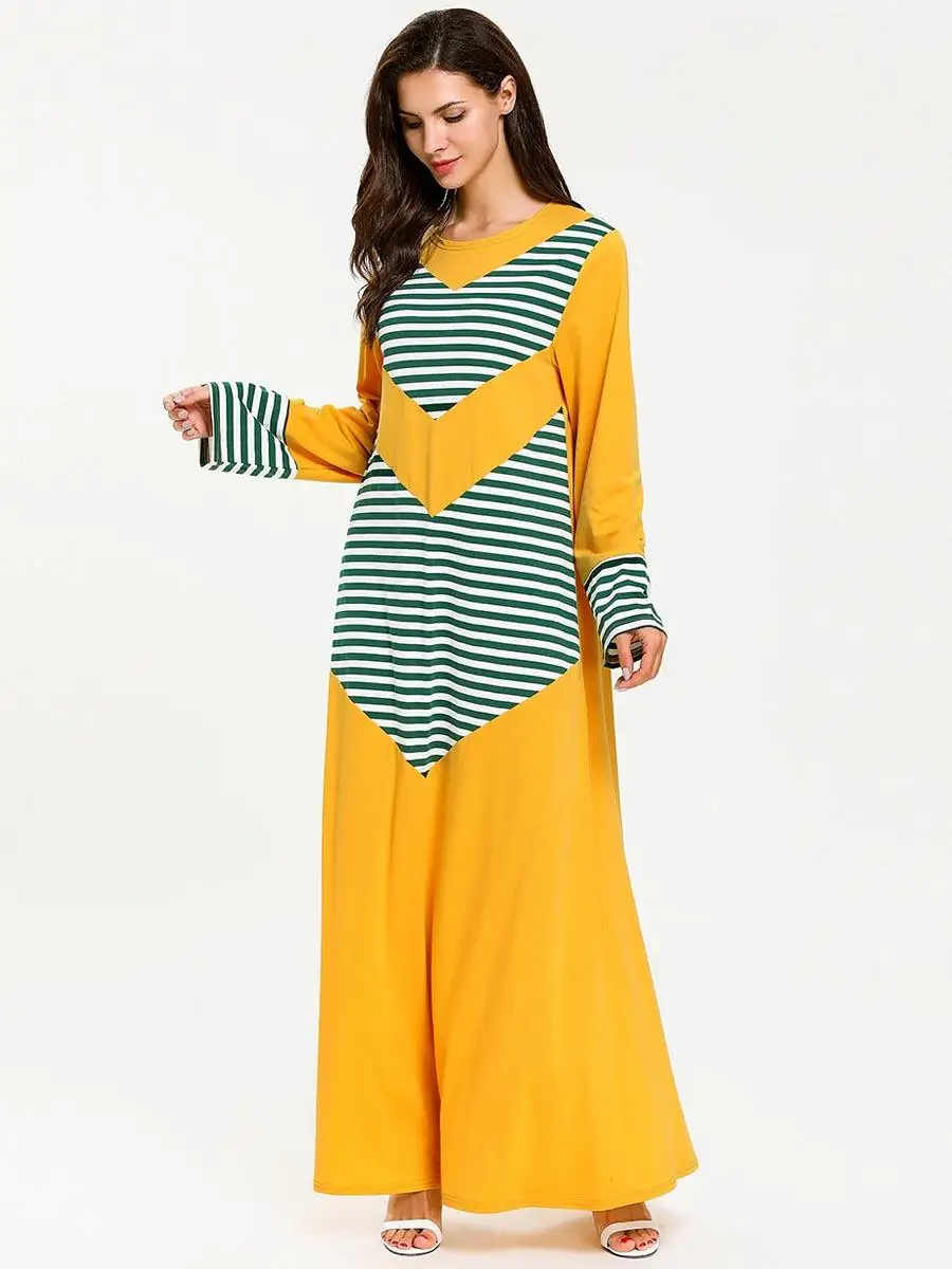 Arab Long Dress Muslim Women Maxi Party Robe Islamic Loose Abaya Kaftan Gown Stripe Patchwork Color Block Dresses New | Тематическая