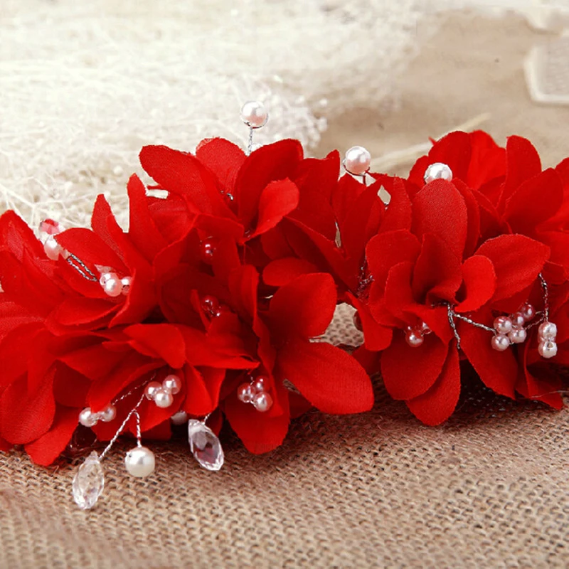 Новый дизайн красный цветок свадебный головной убор искусственные жемчужные