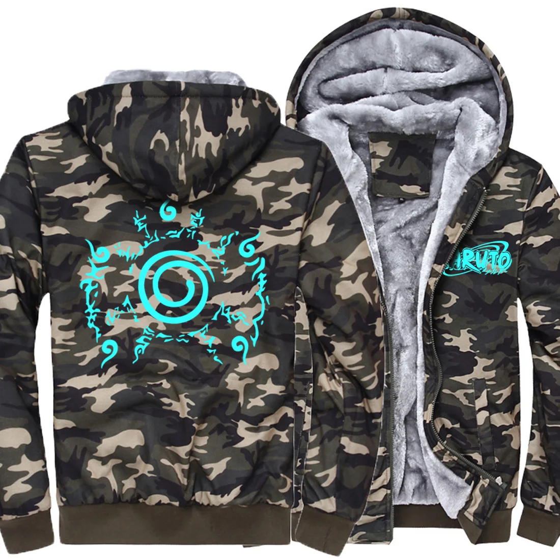 Флисовая Толстовка с шерстяной подкладкой камуфляжные цветные толстовки Uzumaki Naruto со светящимся принтом пальто аниме плотная модная куртка для мужчин