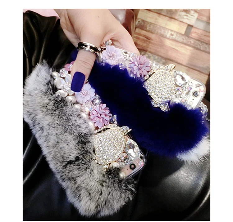 Теплый пушистый кроличий мех Bling бриллианты лиса жемчуг ювелирные изделия мягкий чехол Обложка для Samsung GS6 S7 S8 S9 S10 PLUS Lite Note10 9 8 5 Capa