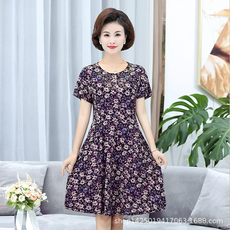 Summer Middle-aged Mother dress Loose Comfortable Flower Print Round Neck Short Sleeve Plus Size 4xl 5XL Women printed Dress Женская