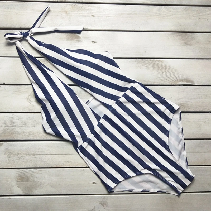 2020 сексуальный женский купальник в полоску с лямкой через шею слитный большого