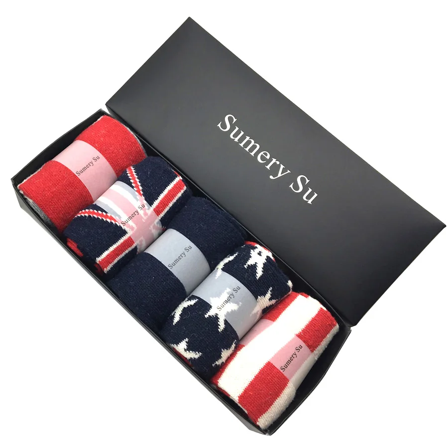 5 Pairs/Lot Wool Socks Men Flag Pattern Comfortable Winter Cashmere Breathable Casual Socks