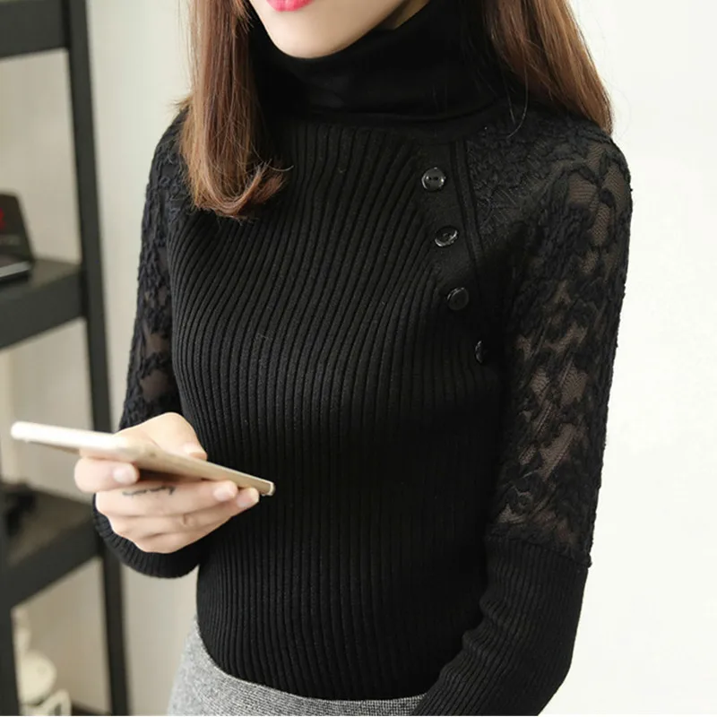 Autumn Winter Women Turtleneck Sweater New Lace Panel Long Sleeve Pullover Pull Knit Bottoming Shirt Elegant Female Tops | Женская